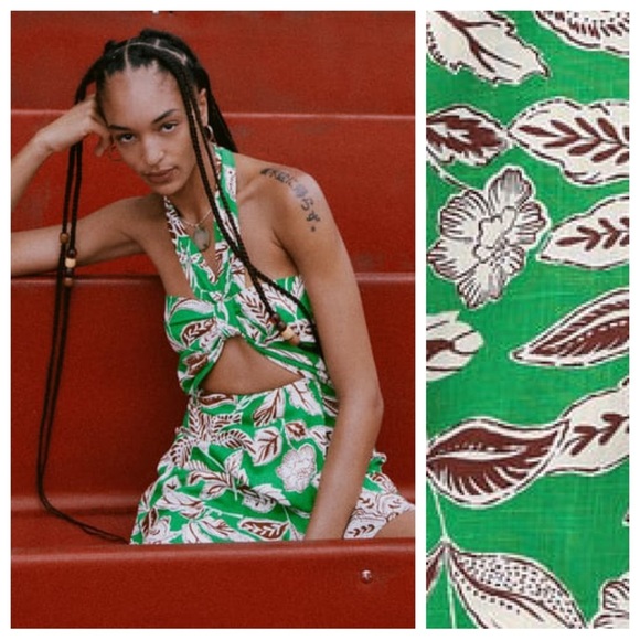 NWT. Zara Green Linen/Cotton Cut-Out Tropical Print Jumpsuit/Romper. Size L. - Picture 4 of 10